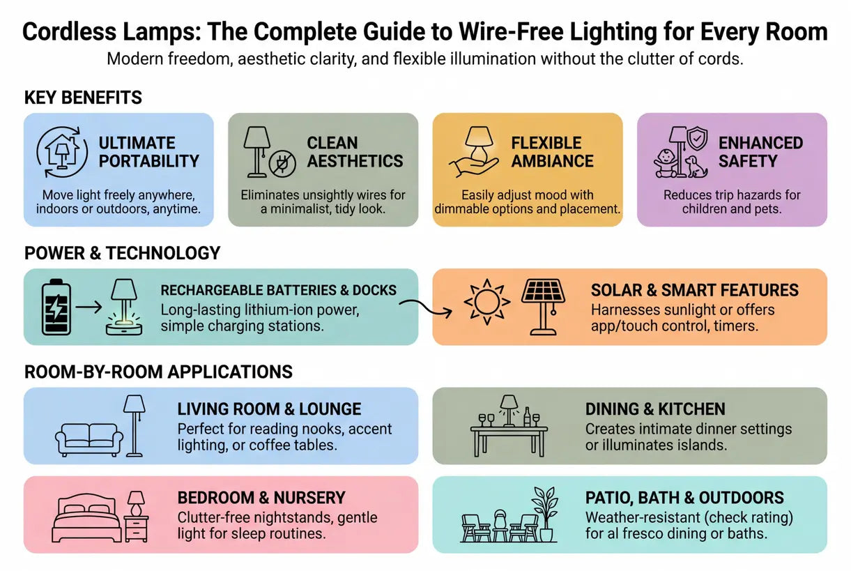 Draadloze lampen: De complete gids voor draadloze verlichting voor elke kamer - infographic