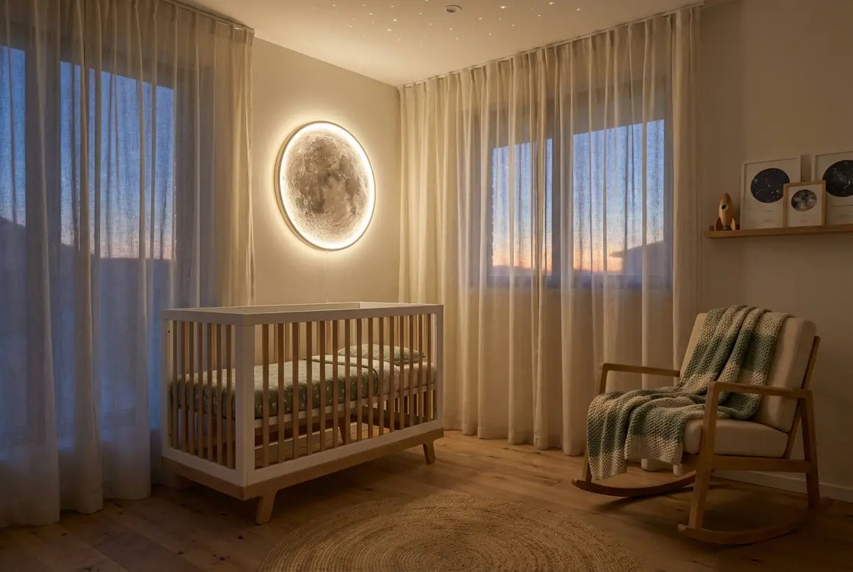 Kinderkamer met maanwandlamp die gloeit boven een wit ledikant, Scandinavisch design