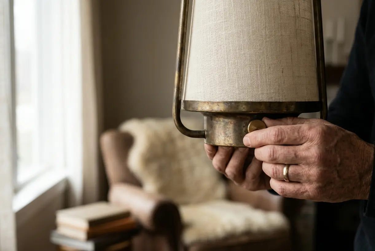 Close-up of hands adjusting a brass and linen lantern pendant light fixture in a Scandinavian interior