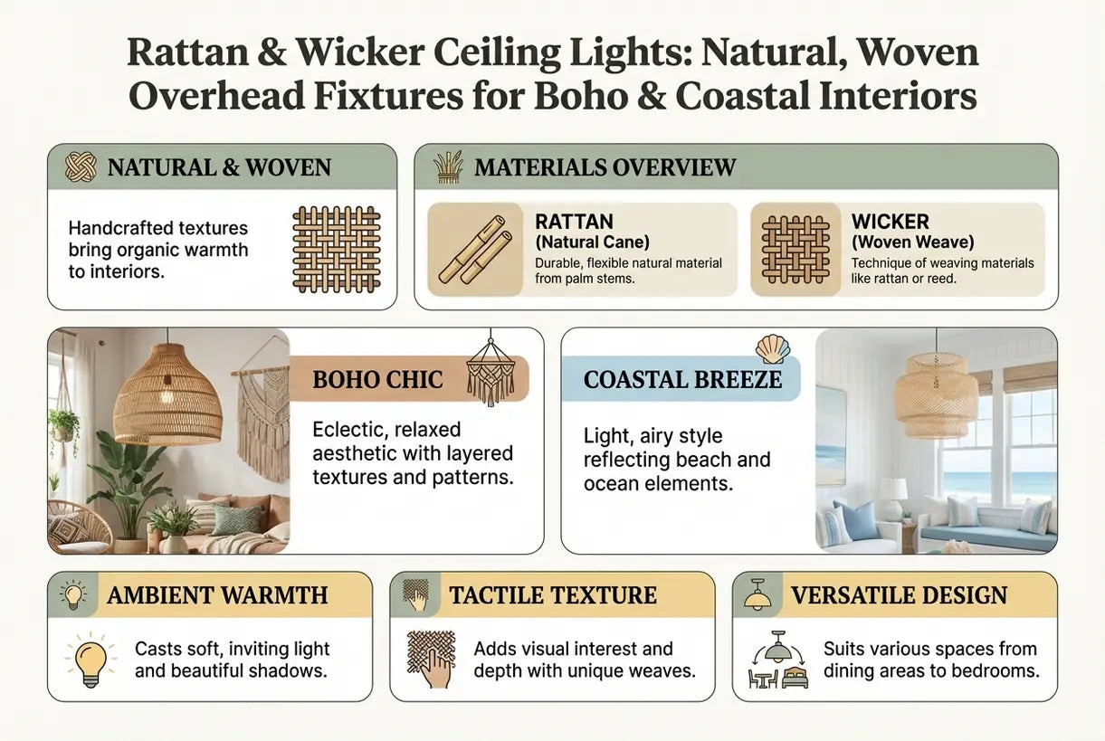 Plafondlampen van rotan en riet: natuurlijke, gevlochten plafondverlichting voor boho- en kustinterieurs - infographic
