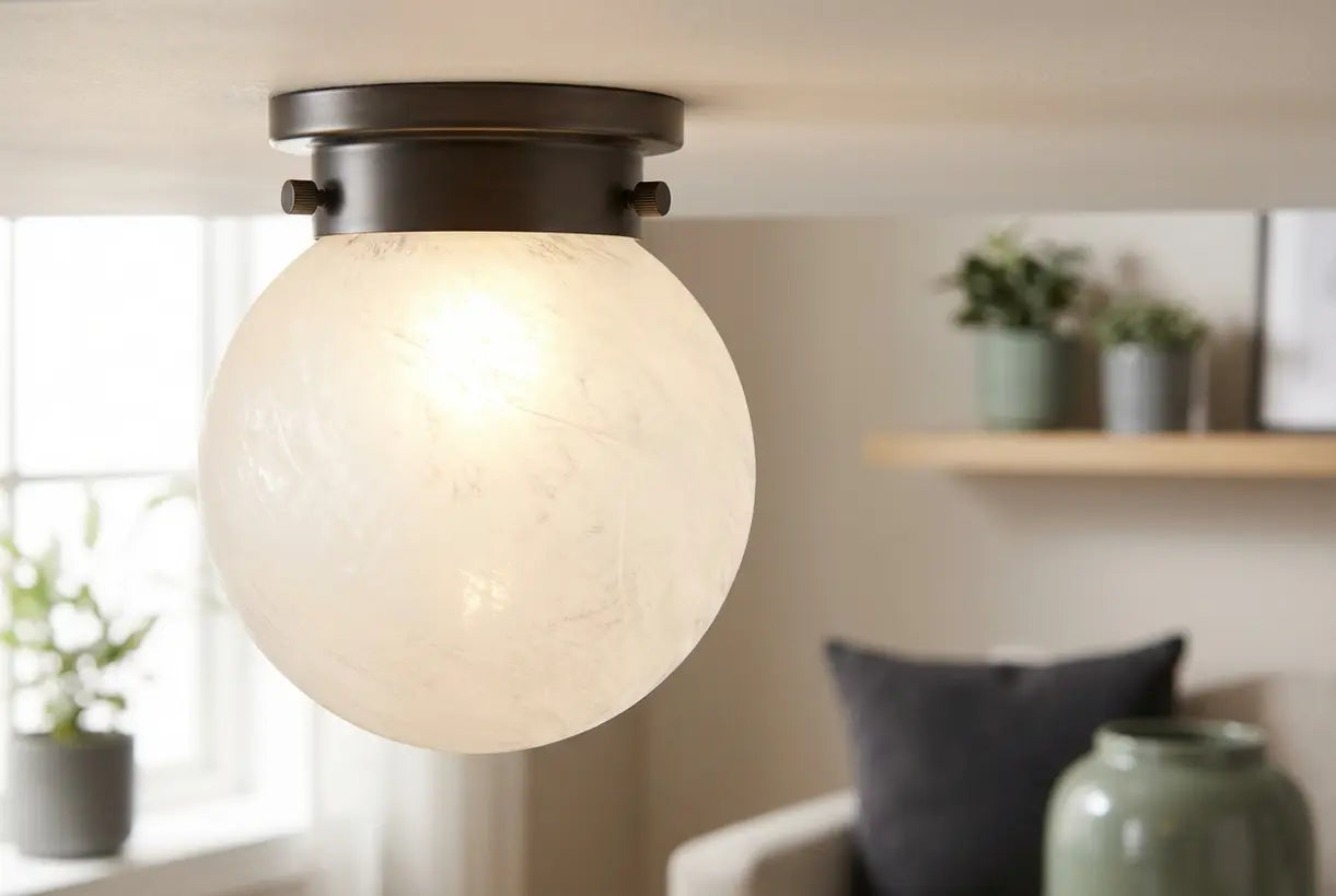 Close-up van ronde plafondlamp met opbouwmontage met getextureerde glazen bol en warme LED-gloed