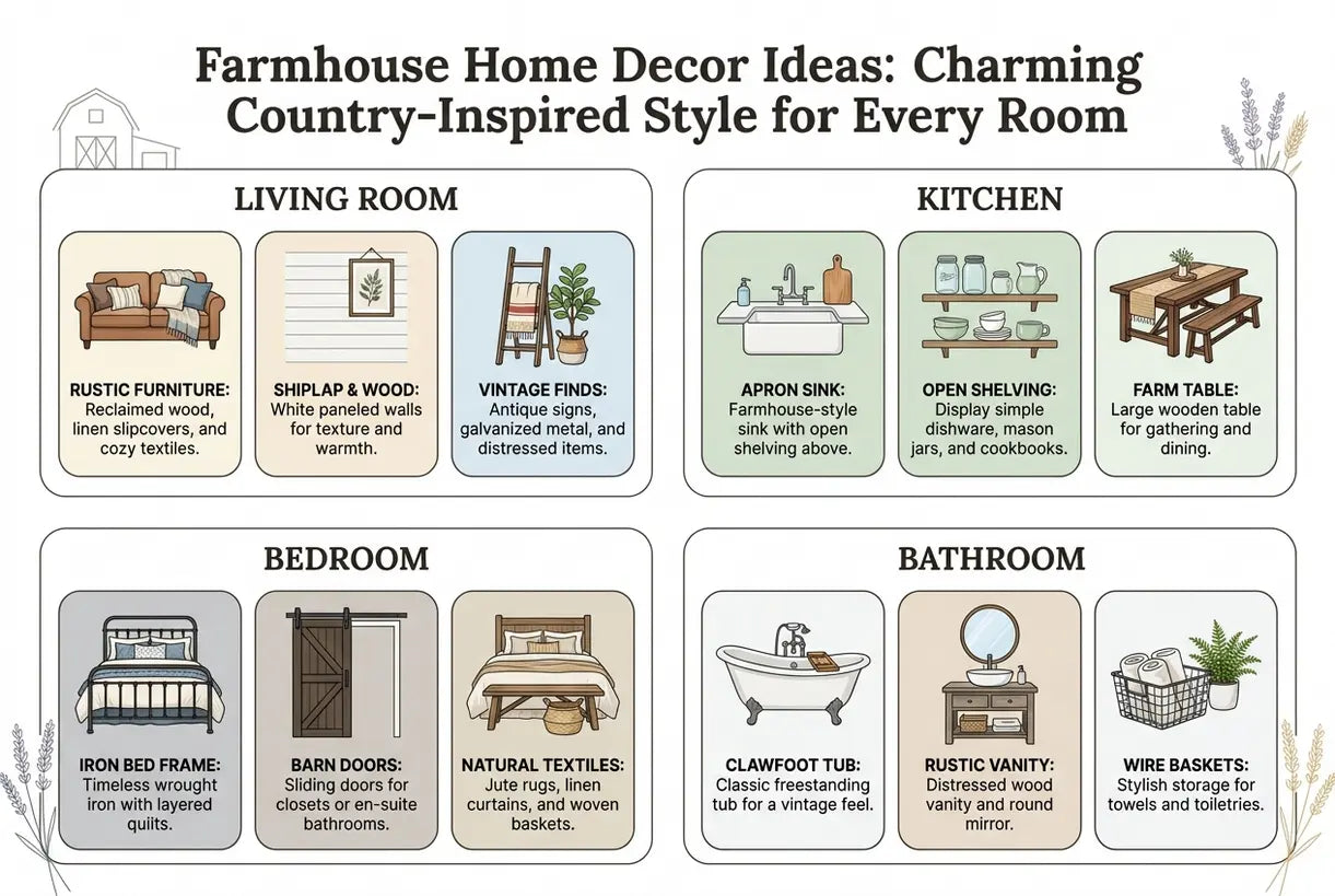 Farmhouse Home Decor Ideas: Charming Country-Inspired Style for Every Room - infographic