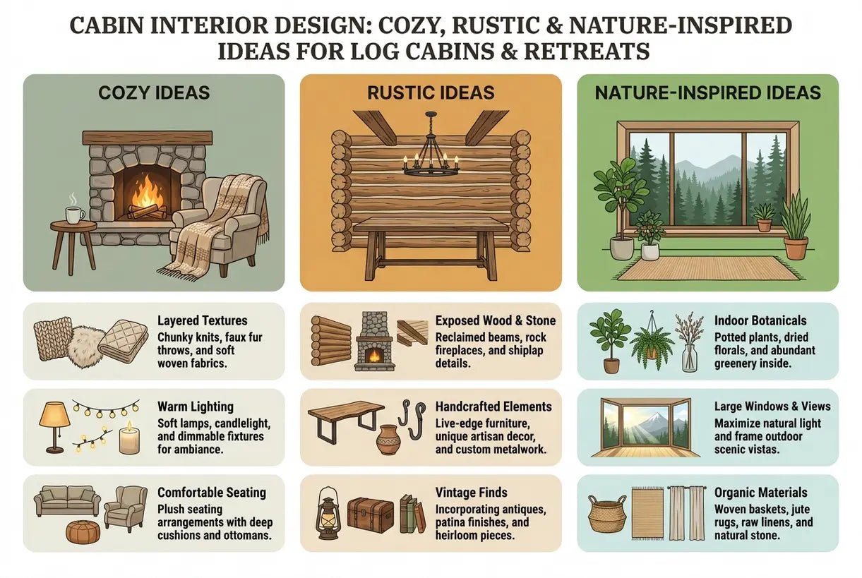 Cabin Interior Design: Cozy, Rustic & Nature-Inspired Ideas for Log Cabins & Retreats - infographic
