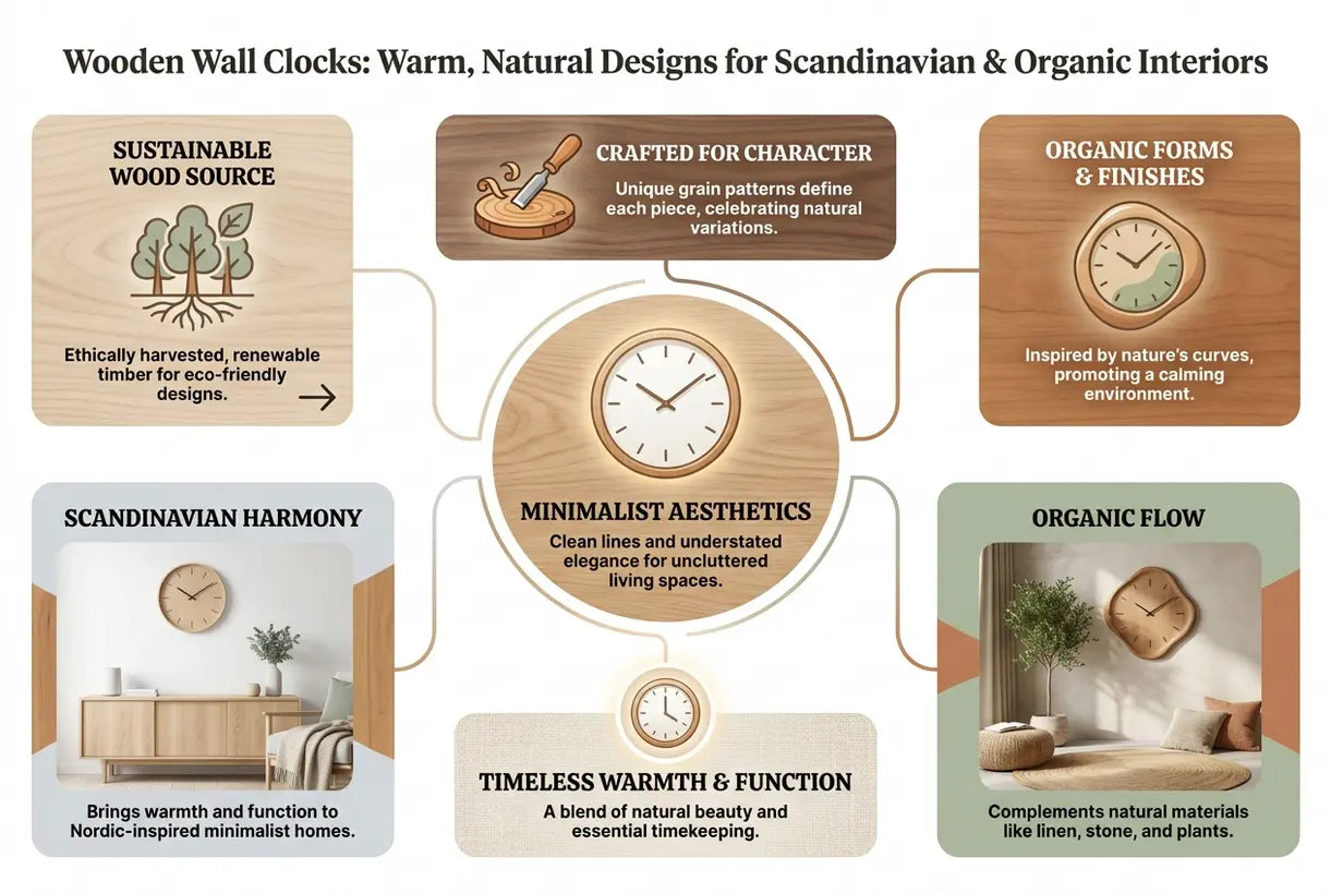 Holz-Wanduhren: warme, natürliche Designs für skandinavische und organische Interieurs - Infografik