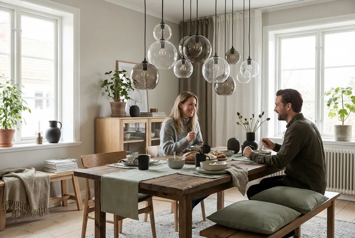 Moderne eetkamer met geclusterde glazen bellen hanglampen die een warme sfeer creëren