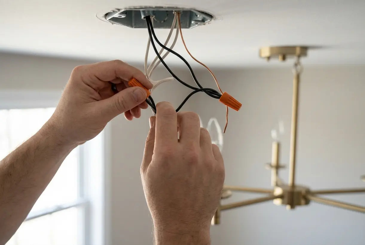 Close-up of hands connecting chandelier wiring during DIY installation process
