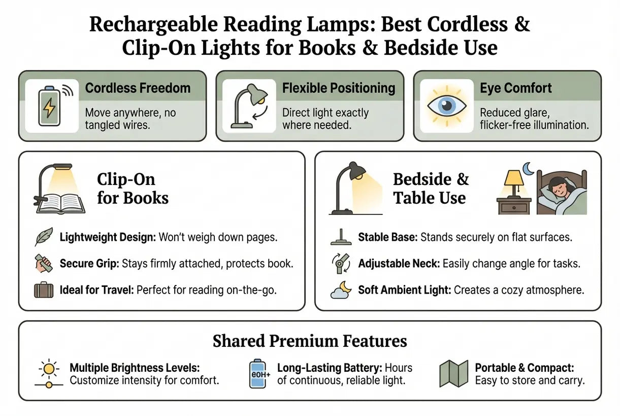 Oplaadbare leeslampen: beste draadloze en clip-on lampen voor boeken en nachtkastje gebruik - infographic