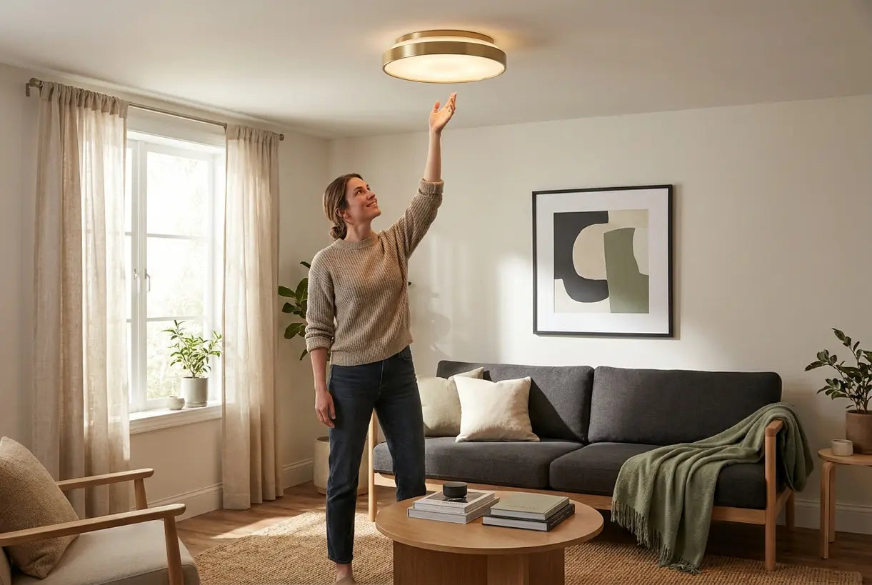 Homeowner installing flush mount lighting in Scandinavian living room with low ceilings