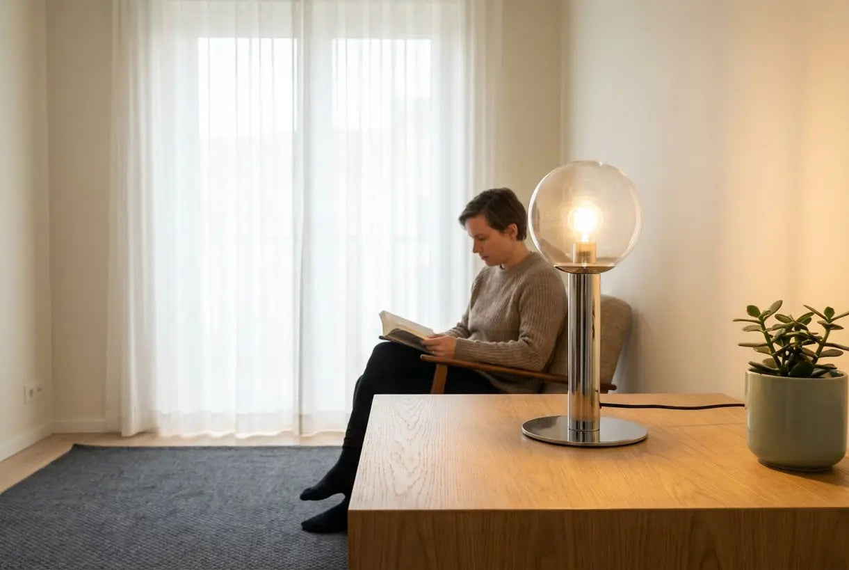 Bauhaus tafellamp in Scandinavisch interieur met persoon lezend in warm omgevingslicht