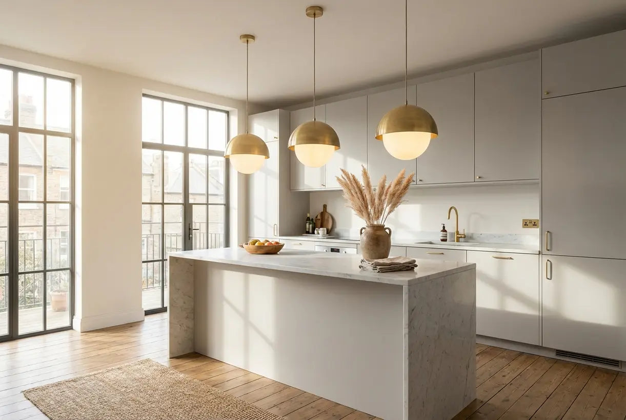 Three pendant lights over Scandinavian kitchen island with warm ambient glow