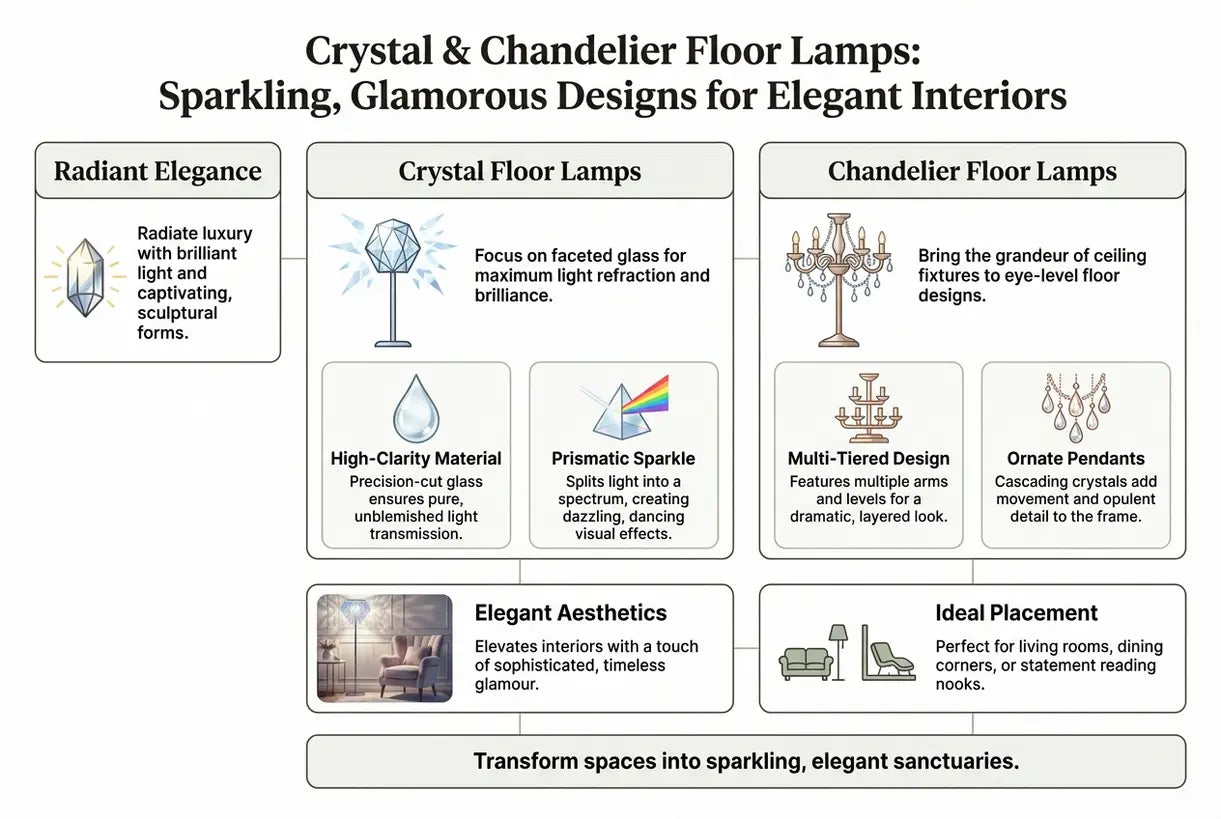 Kristallen & Kroonluchter Vloerlampen: Sprankelende, Glamoureuze Ontwerpen voor Elegante Interieurs - infographic