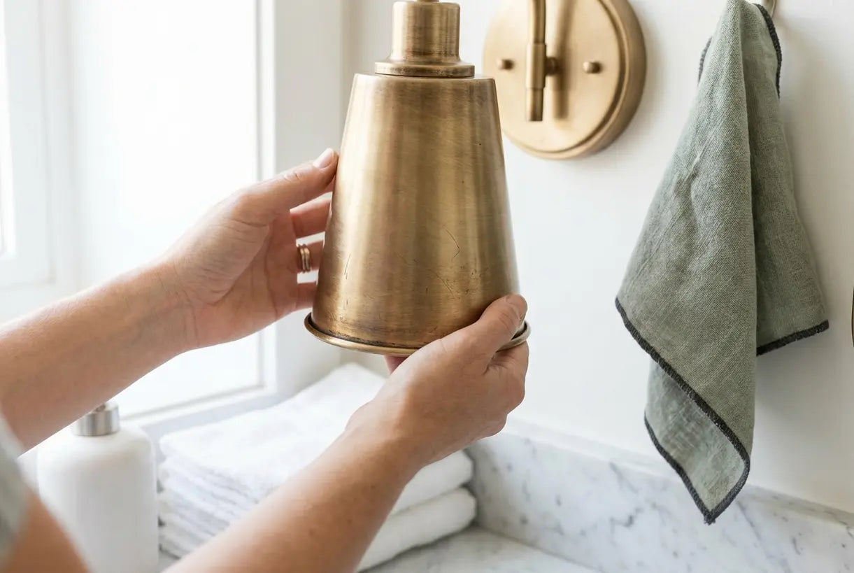 Champagne bronze bathroom sconce close-up showing warm antique gold-bronze metallic finish texture