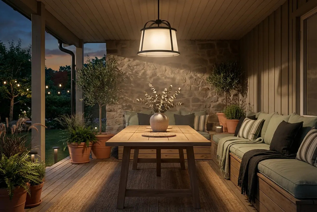 Scandinavische overdekte veranda met plafondarmatuur die een warme, sfeervolle gloed werpt