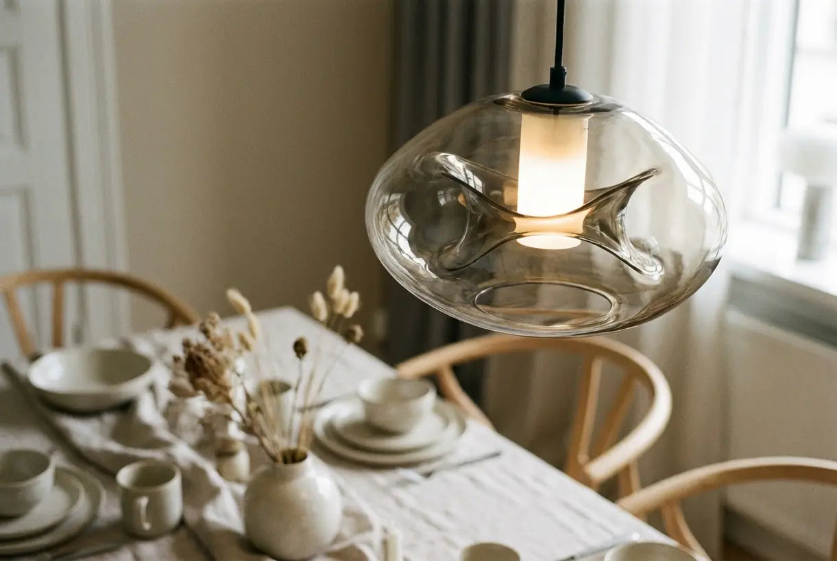 Glazen hanglamp boven de eettafel