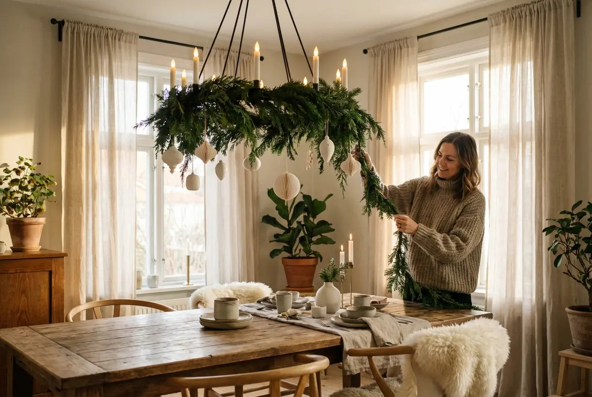 Scandinavische eetkamer met versierde kerstkroonluchter en slinger