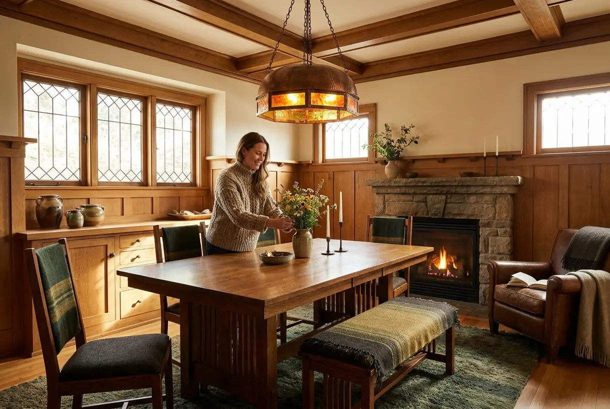 Cozy craftsman style living room with warm wood tones pendant lighting and natural materials