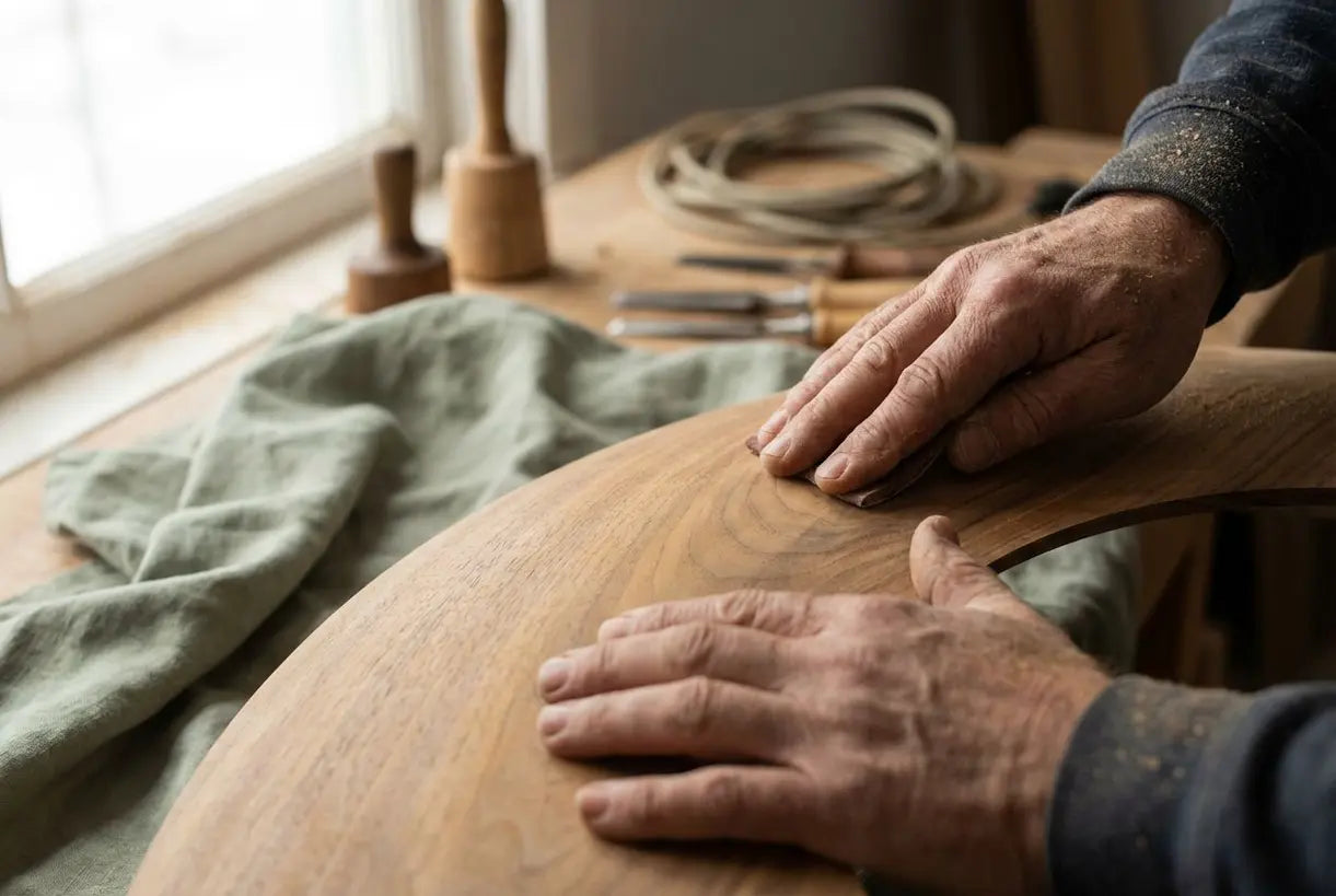 Ambachtelijke handen die een walnoot houten plafondlamp maken met natuurlijke houtnerf details