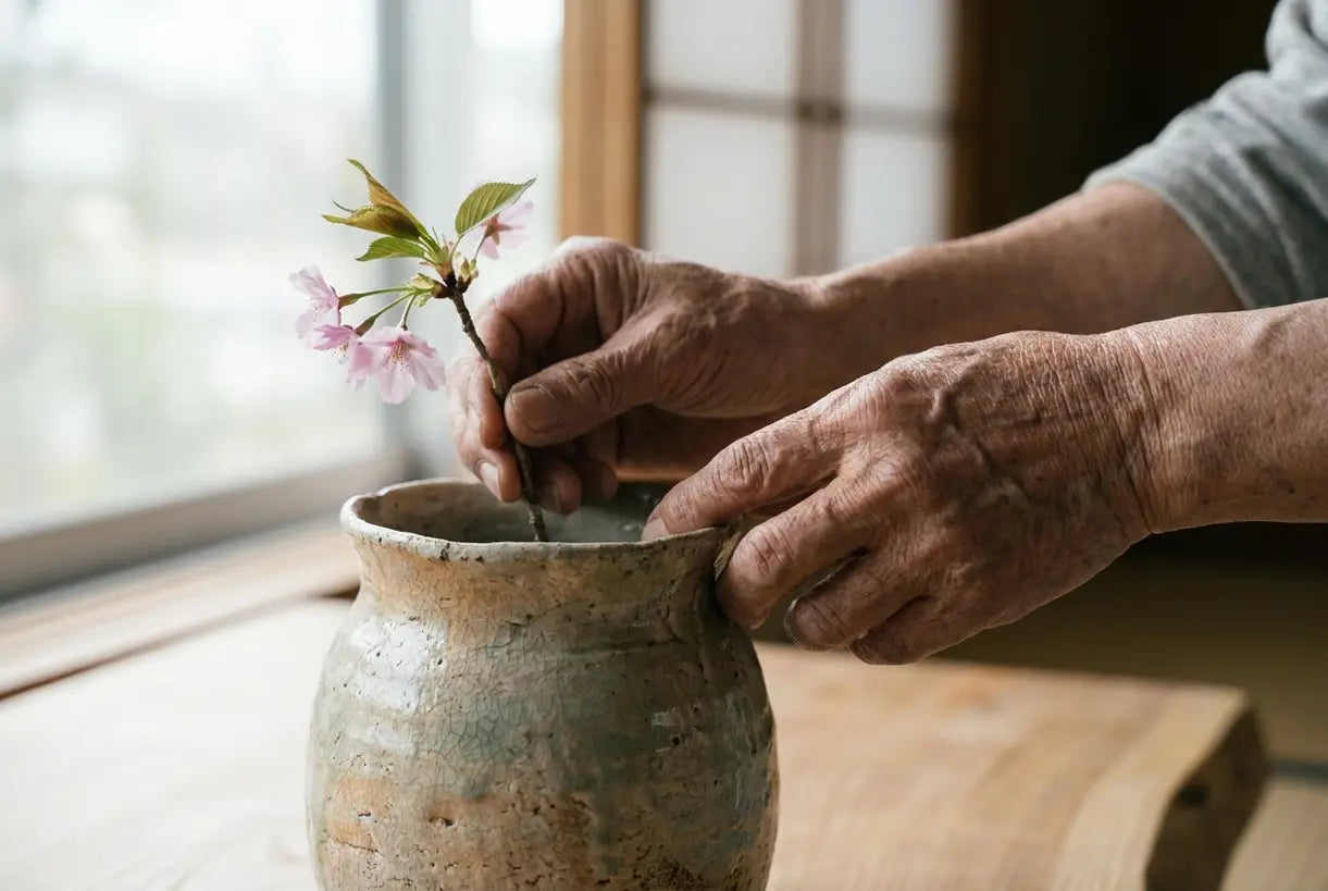 Hands arranging flower in handmade ceramic vase Japanese wabi-sabi home decor