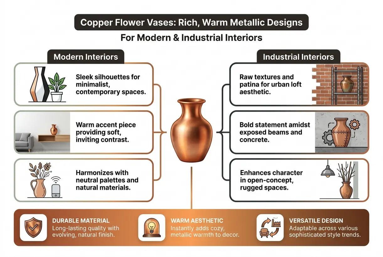 Blumenvasen aus Kupfer: warme, edle Metall-Designs für moderne und industrielle Interieurs - Infografik