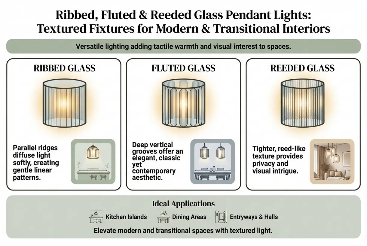 Geribbelde, gegroefde en geruite glazen hanglampen: gestructureerde armaturen voor moderne en overgangsinterieurs - infographic