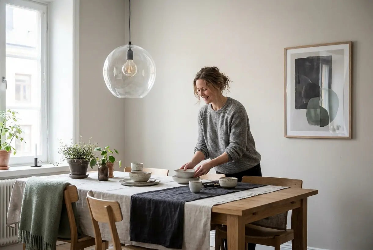 Scandinavische eetkamer met glazen hanglamp boven houten eettafel