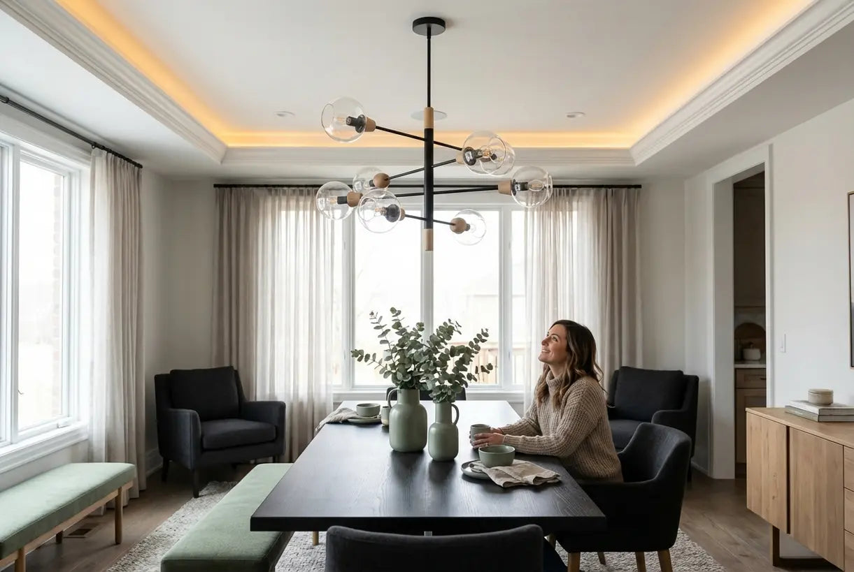 Eetkamer met bakplafond met elegante kroonluchter en sfeervol verlichtingsontwerp