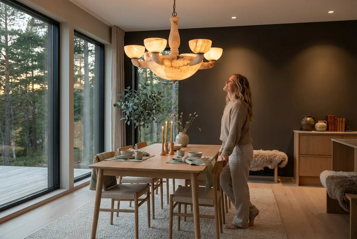 Scandinavische eetkamer met een albasten kroonluchter die warm straalt boven een minimalistisch gedekte tafel