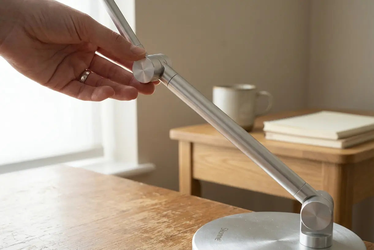 Persoon die flexibele arm van moderne verstelbare bureaulamp verstelt