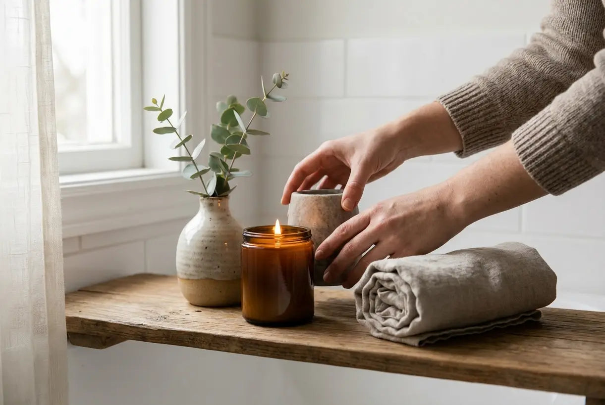 Close-up of hands styling Scandinavian bathroom vanity with decorative accessories and soft natural light