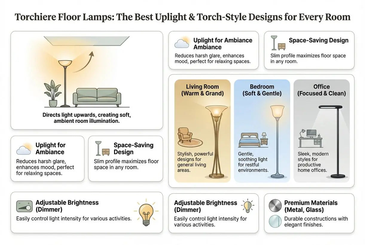 Torchiere Vloerlampen: De beste Uplight & Toorts-stijl Ontwerpen voor Elke Kamer - infographic