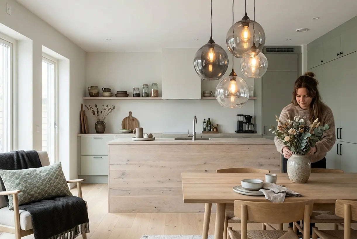 Scandinavische eetkamer met hanglampen van gerecycled glas boven het kookeiland