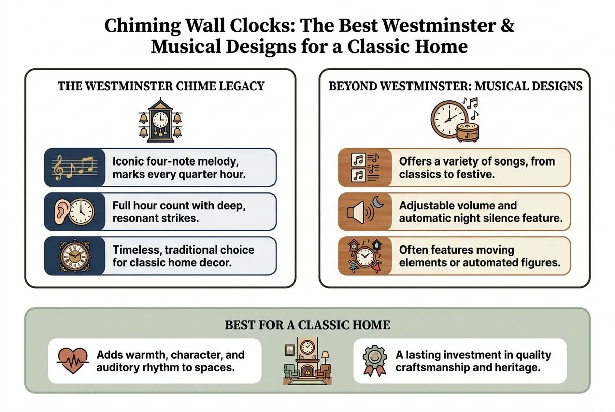 Wandklokken met gong: de beste Westminster & muzikale ontwerpen voor een klassiek huis - infographic
