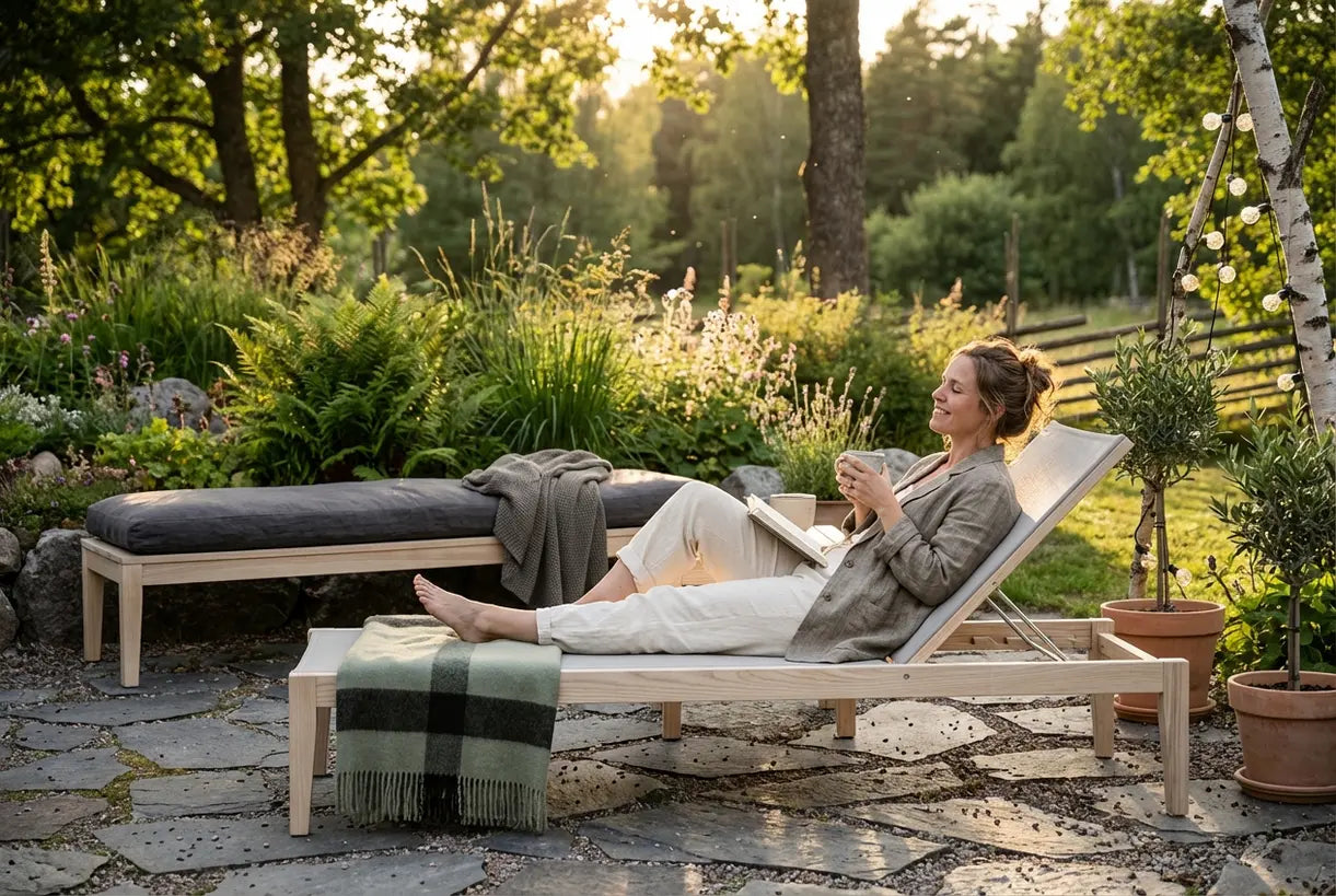 Person enjoying Scandinavian outdoor furniture in a serene Nordic garden patio at golden hour