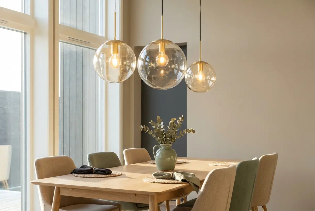 Gouden en glazen hanglampen boven een minimalistische eettafel in een Scandinavisch interieur