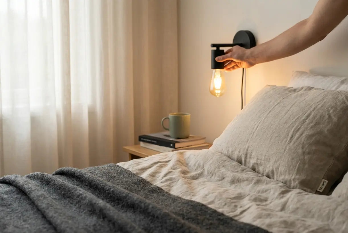 Hand adjusting minimalist wall sconce in small Scandinavian bedroom with warm lighting