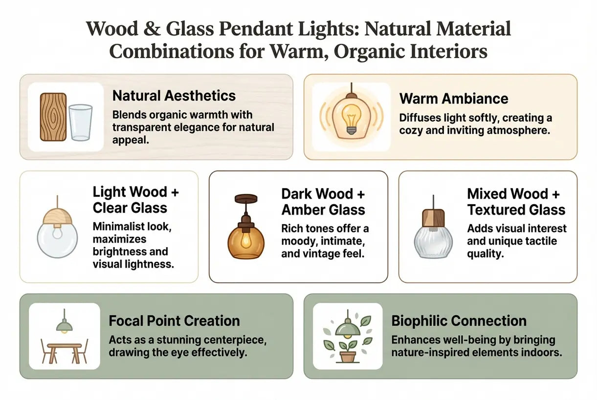 Pendellampen van hout en glas: combinaties van natuurlijke materialen voor warme, organische interieurs - infographic