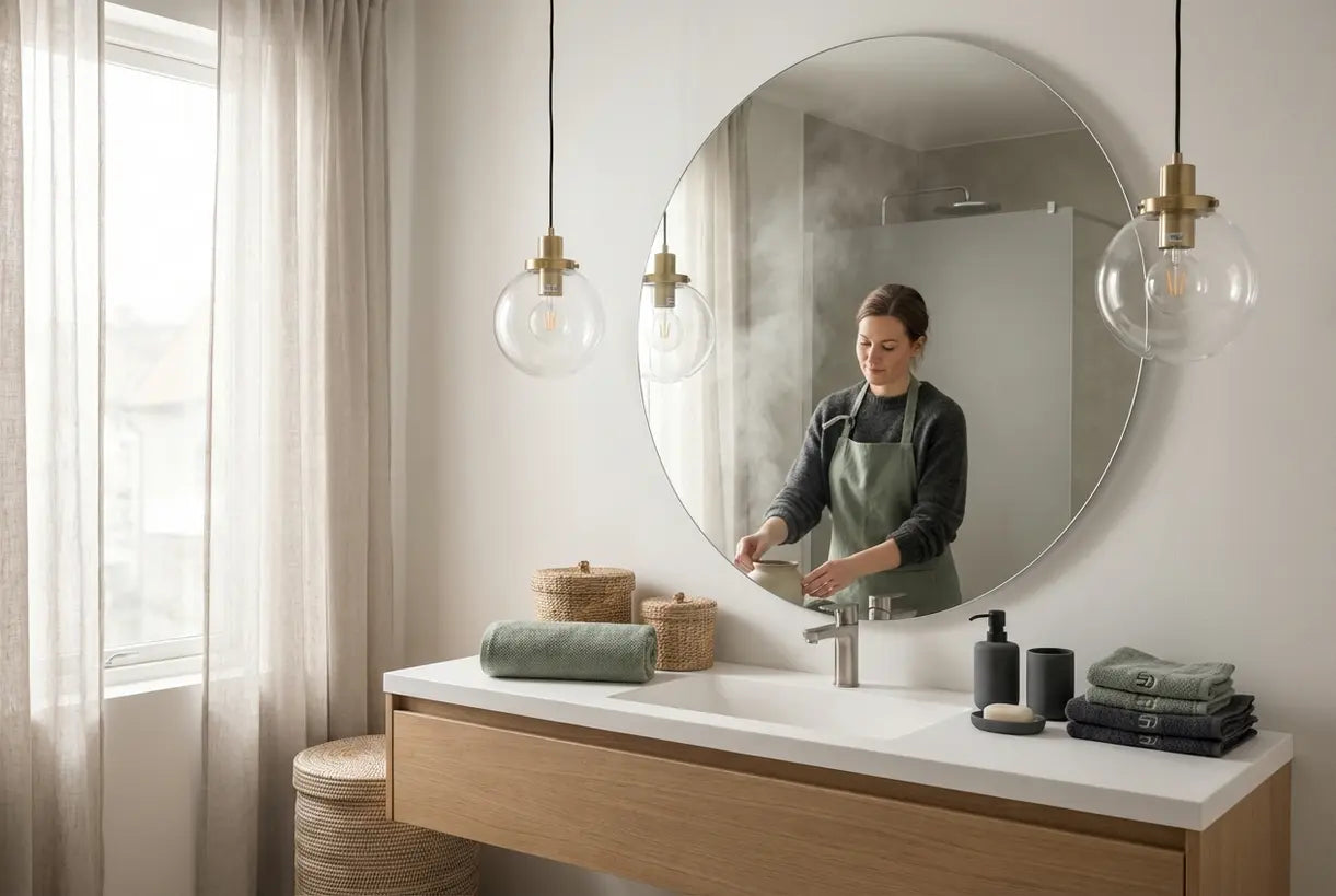 Modern Scandinavian bathroom with glass globe pendant lights flanking vanity mirror