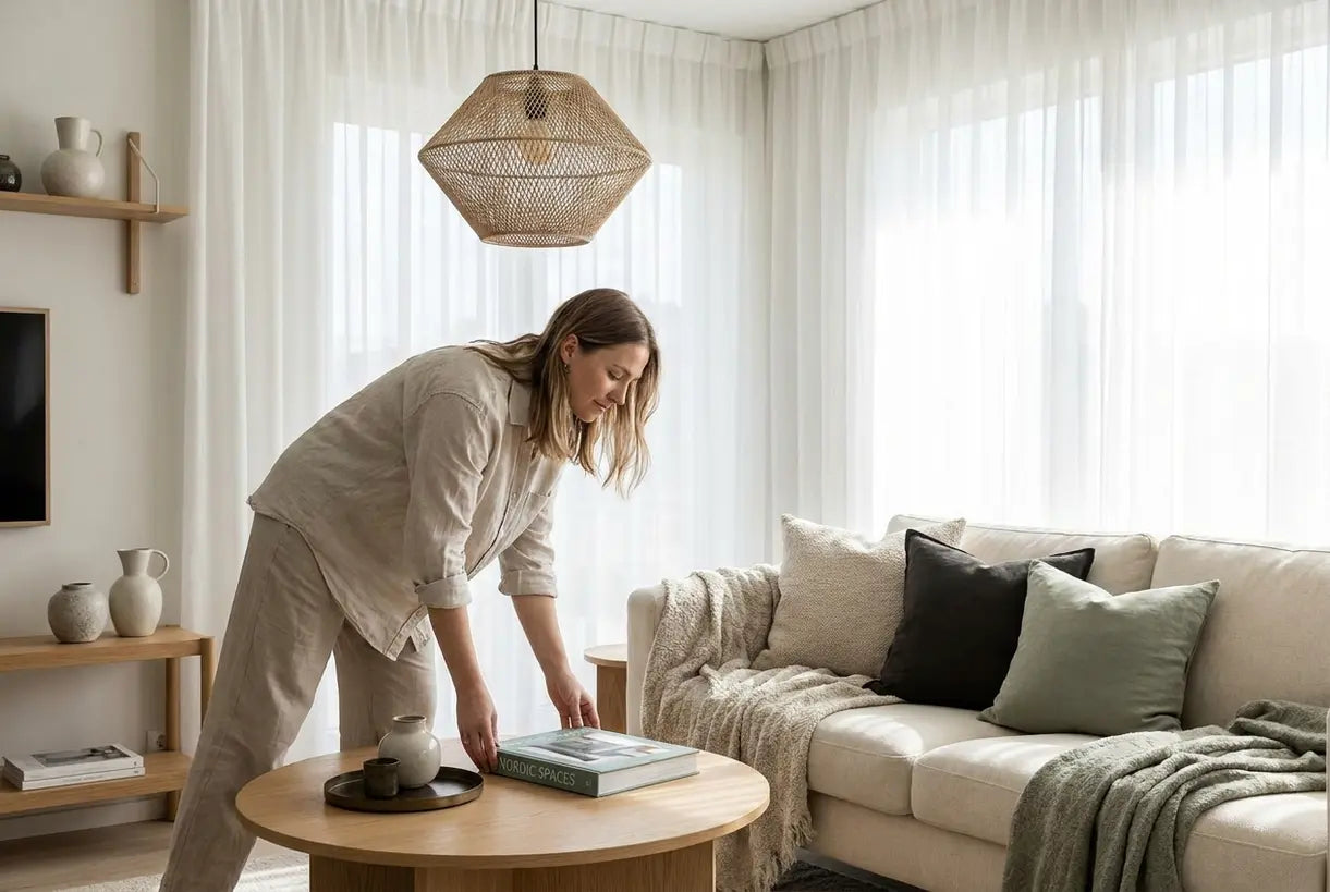 Scandinavian living room with person decorating using curated lighting and home accessories