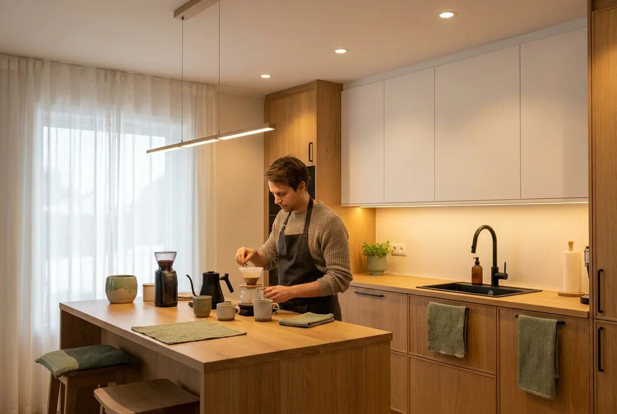 Scandinavian kitchen with layered pendant, task, and ambient lighting design