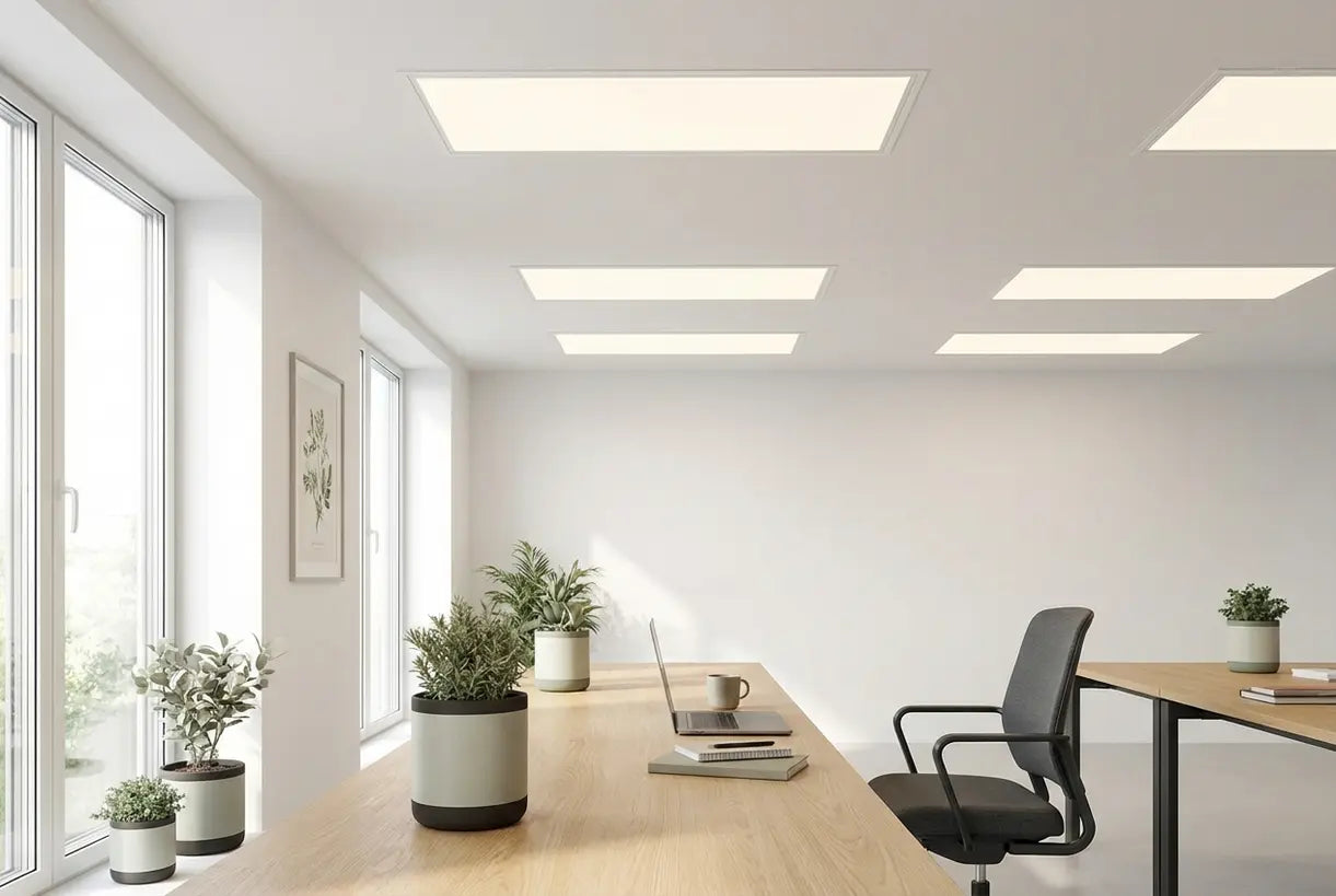 Modern kantoorinterieur met geïnstalleerde LED-plafondlichtpanelen