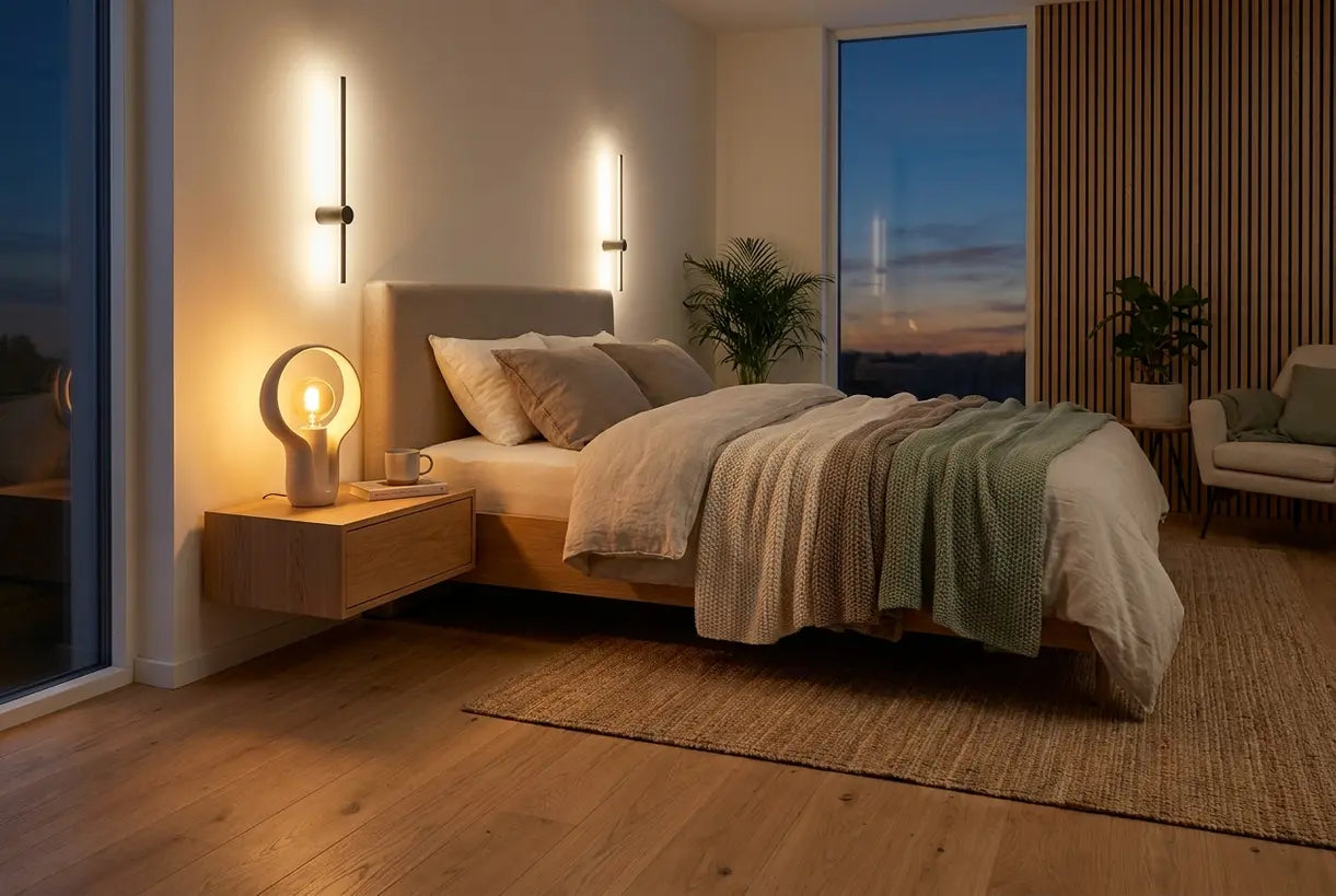 Modern bedroom interior with layered contemporary lighting including wall sconces and table lamp creating warm ambiance