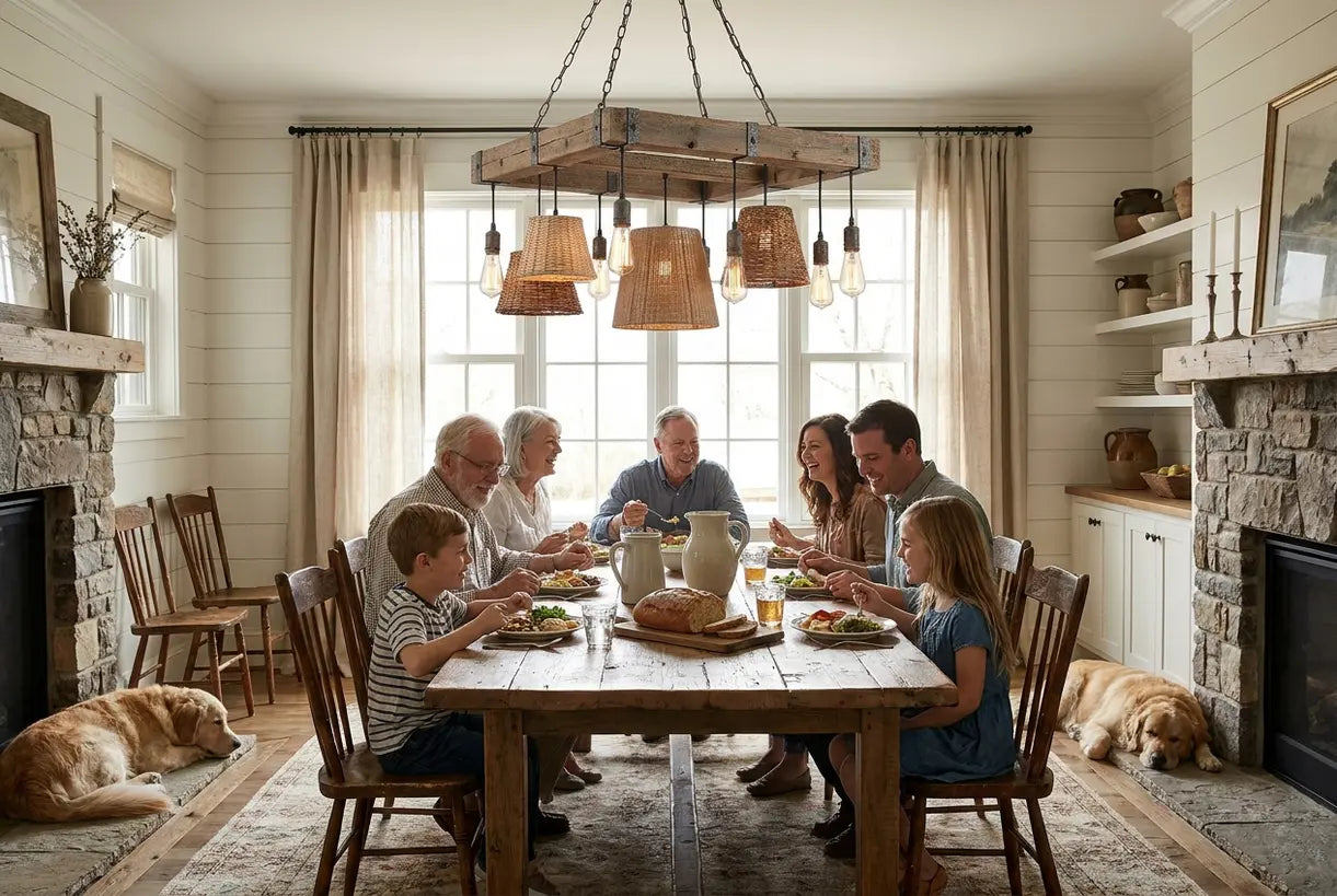 Farmhouse dining room with statement chandelier over reclaimed wood dining table