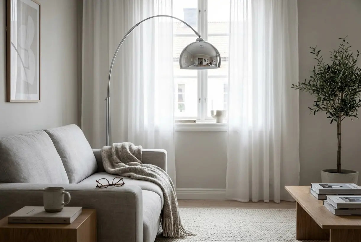 Moderne woonkamer met chromen vloerlamp als blikvanger in eigentijds Scandinavisch interieur