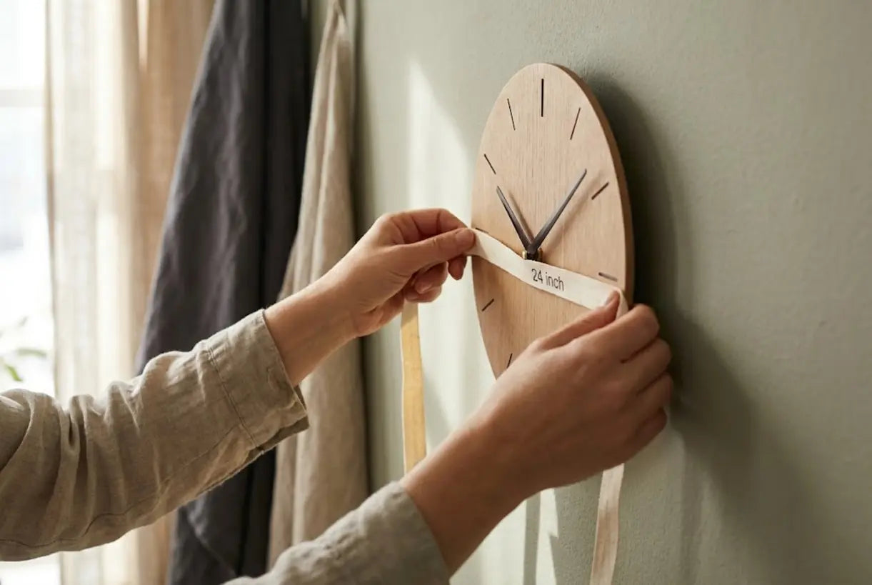 Close-up of elegant wall clock hands on minimal Scandinavian clock face showing size proportions