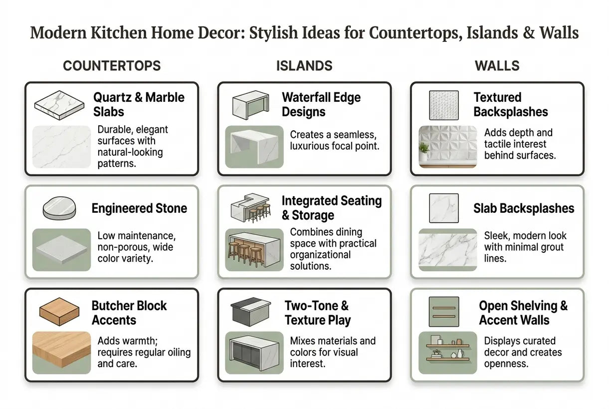 Modern Kitchen Home Decor: Stylish Ideas for Countertops, Islands & Walls - infographic