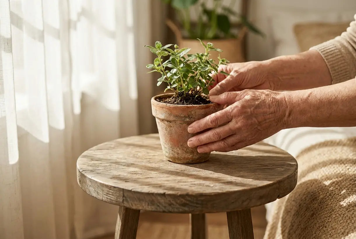 Hands arranging potted plant for feng shui harmony