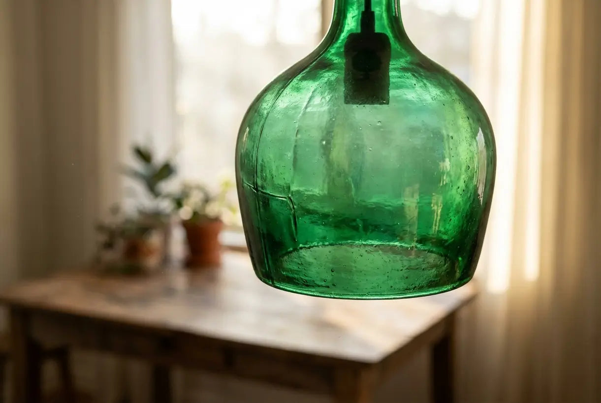 Close-up van smaragdgroene glazen hanglampkap textuur en doorschijnendheid