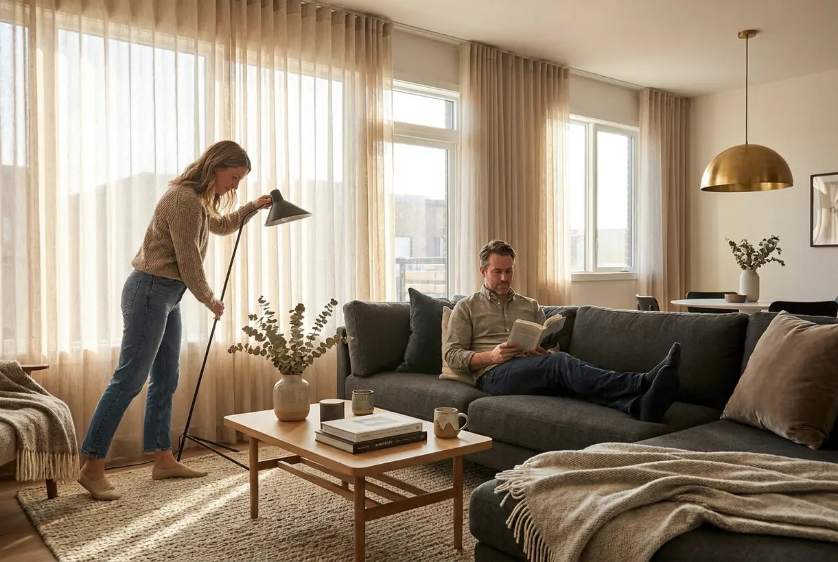 Couple enjoying their modern Scandinavian living room with statement lighting and contemporary decor