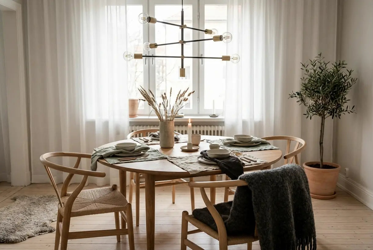 Moderne kroonluchter boven een houten eettafel in een Scandinavisch interieur