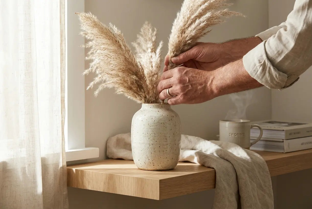 Hands arranging dried pampas grass in a textured ceramic vase on an oak shelf with natural light